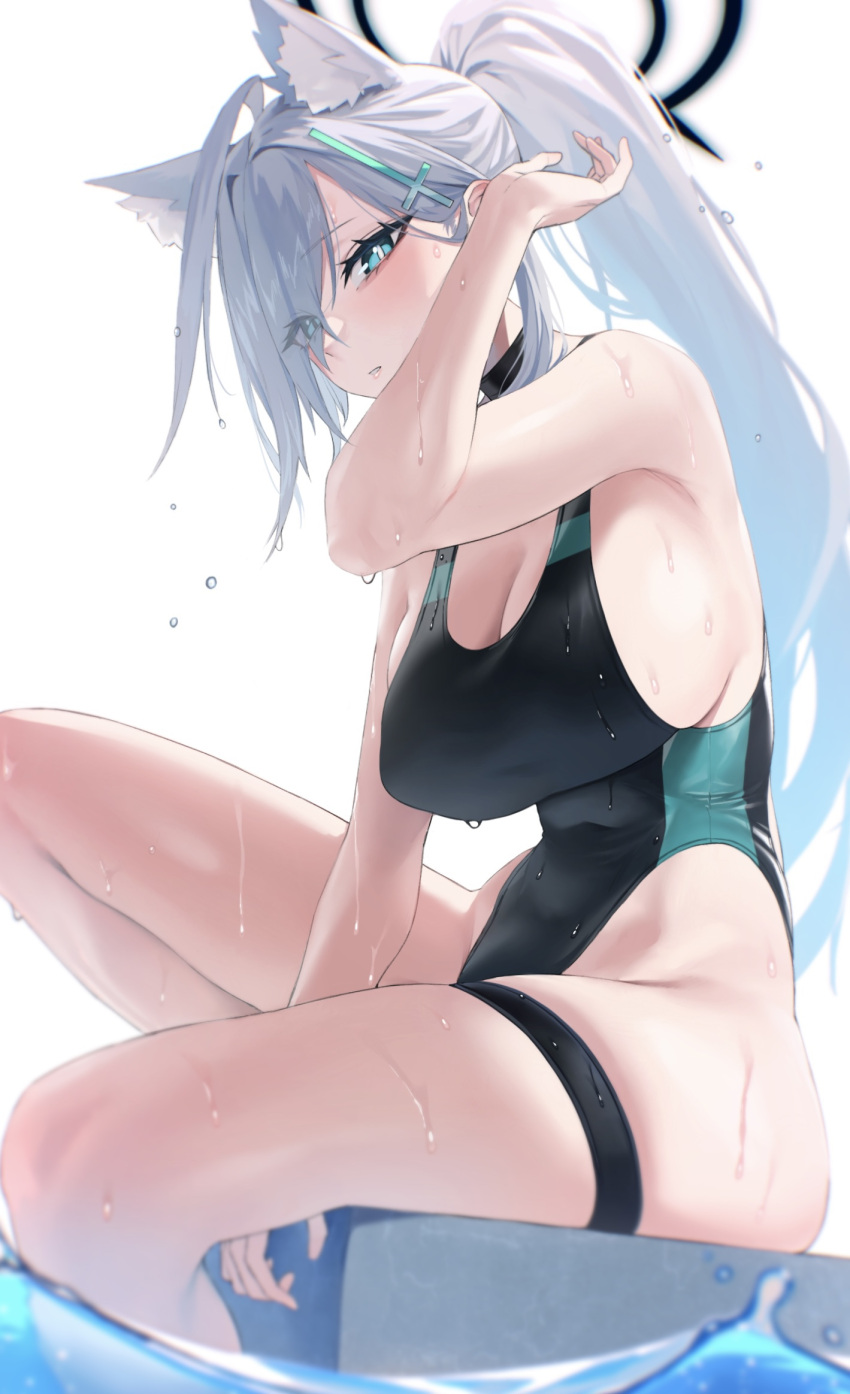 1girl animal_ear_fluff animal_ears blue_eyes breasts competition_swimsuit cross_hair_ornament eyes_visible_through_hair grey_hair hair_ornament hair_over_one_eye halo hand_up high_ponytail highleg highleg_swimsuit highres kazane-wind large_breasts long_hair mismatched_pupils one-piece_swimsuit parted_lips shiroko_(blue_archive) shiroko_(swimsuit)_(blue_archive) shiroko_(terror)_(blue_archive) sitting skindentation solo swimsuit thigh_strap thighs very_long_hair wet wolf_ears