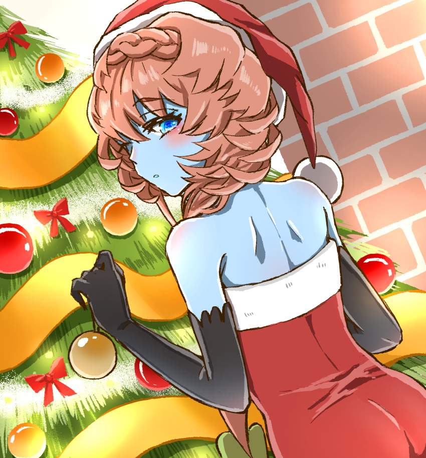 1girl bare_shoulders black_gloves blue_eyes blue_skin blush bow braid brick_wall christmas_tree colored_skin crown_braid decorating dress elbow_gloves fate/grand_order fate_(series) from_behind gloves hat highres long_hair looking_back ornament red_bow santa_dress santa_hat shimogamo_(shimomo_12) solo van_gogh_(fate) van_gogh_(second_ascension)_(fate)