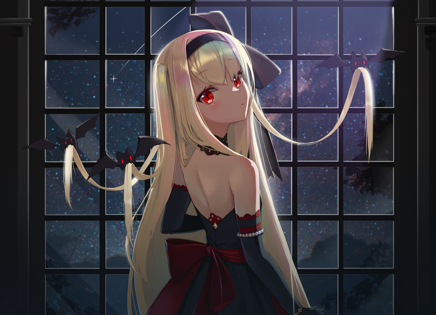 1girl back backless_dress backless_outfit bare_shoulders bat_(animal) beads black_bow black_dress black_hairband blonde_hair bow bracelet daika!! dress elbow_gloves from_behind gloves hair_bow hairband indie_virtual_youtuber jewelry long_hair looking_back night night_sky red_bow red_eyes red_sash sash shiina_nanoha shooting_star sky slit_pupils star_(sky) starry_sky vampire very_long_hair virtual_youtuber window