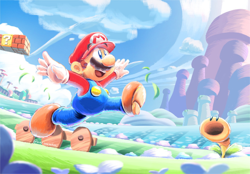 artist_name blue_eyes blue_overalls blue_sky facial_hair fence gloves grass hat highres jumping maribouoekaki mario mario_(series) mustache open_mouth outdoors overalls red_headwear red_shirt shirt short_hair sky super_mario_bros._wonder watermark white_gloves wooden_fence