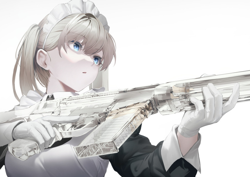 1girl aiming apron assault_rifle battle_rifle blonde_hair blue_eyes breasts gloves gun h&amp;k_g3 highres holding holding_gun holding_weapon long_sleeves maid maid_headdress nine_(kanine41) original rifle see-through simple_background solo two_side_up upper_body weapon white_background white_gloves