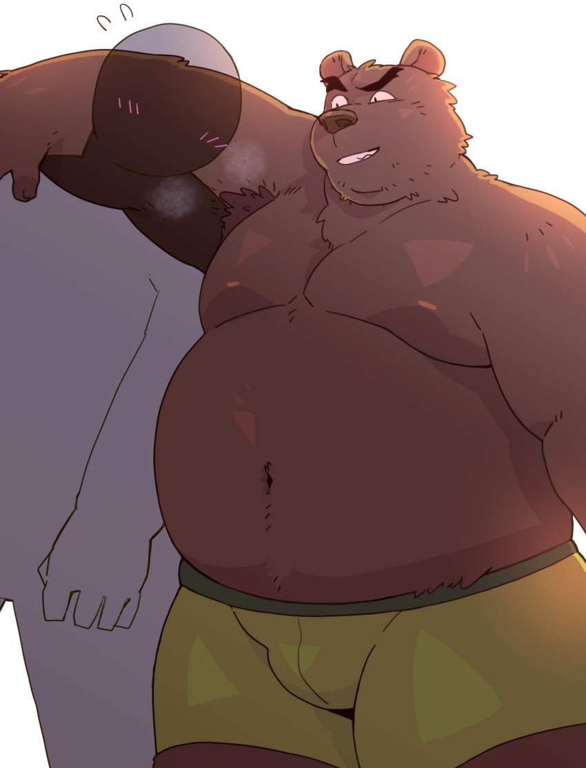 2023 anthro armpit_hair arufina_w bear belly big_belly body_hair brown_body brown_fur bulge clothing duo embrace fur hi_res hug kemono male mammal moobs musk navel nipples overweight overweight_male underwear