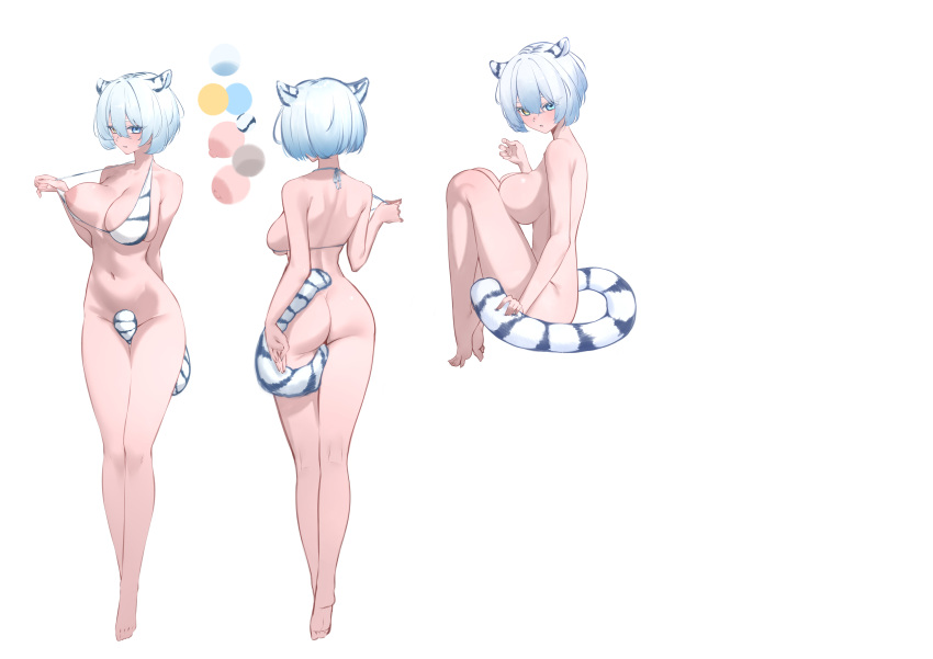 absurdres animal_ears ass back backboob bare_legs barefoot bikini blue_eyes blue_hair bottomless breasts cleavage collarbone completely_nude contrapposto dongye1551 grey_hair hair_between_eyes halterneck heterochromia highres knee_to_chest large_breasts light_blue_hair looking_at_viewer medium_hair multiple_views nape navel nipples nude one_breast_out original reference_sheet short_hair shoulder_blades sideboob skindentation strap_pull striped striped_bikini striped_tail swimsuit tail tail_censor toes tsurime unaligned_breasts white_background yellow_eyes