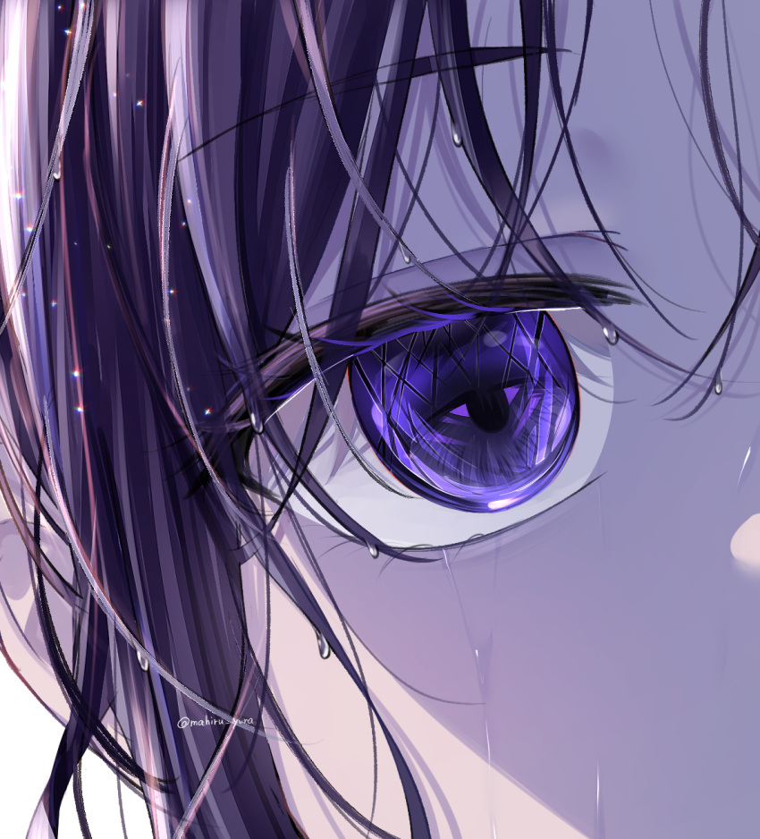 1girl asahina_mafuyu chromatic_aberration close-up commentary_request crying crying_with_eyes_open eye_focus hair_between_eyes highres light_particles looking_at_viewer mahiru_yura project_sekai purple_eyes purple_hair purple_theme rain shadow sidelocks simple_background solo sparkle tears twitter_username water_drop wet wet_face wet_hair white_background