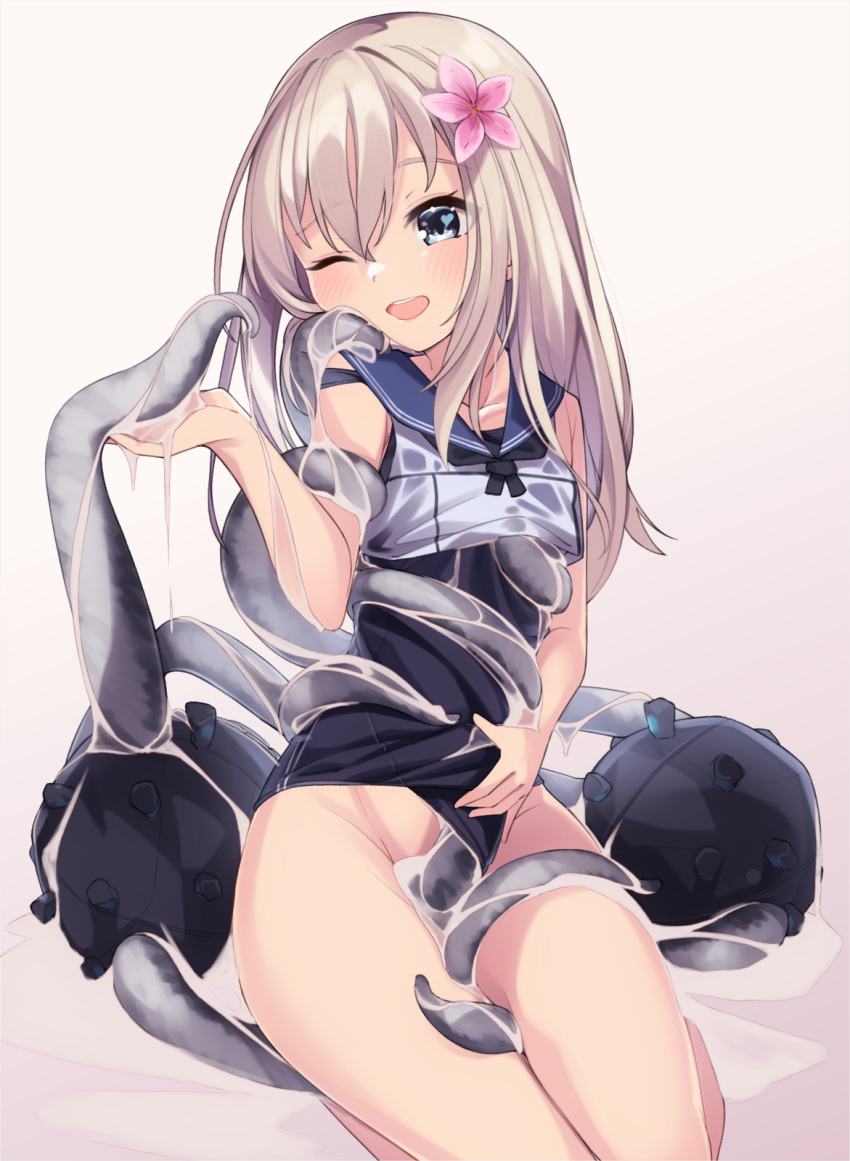 1girl abyssal_ship black_one-piece_swimsuit blonde_hair blue_eyes blue_sailor_collar blush enemy_naval_mine_(kancolle) flower hair_between_eyes hair_flower hair_ornament highres kantai_collection long_hair one-piece_swimsuit one_eye_closed open_mouth pink_flower ro-500_(kancolle) sailor_collar sailor_shirt school_swimsuit shirt sleeveless sleeveless_shirt solo swimsuit swimsuit_under_clothes tentacles uut white_shirt