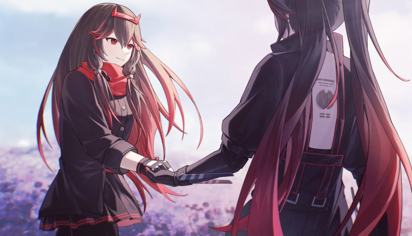 2girls back_cutout black_pantyhose black_shirt brown_hair chinese_commentary clothing_cutout commentary double-parted_bangs dual_persona fake_horns field fingerless_gloves flower flower_field gloves gradient_hair highres holding_hands horns long_hair low_tied_sidelocks lucia:_lotus_(punishing:_gray_raven) lucia:_plume_(punishing:_gray_raven) lucia_(punishing:_gray_raven) mechanical_hands mechanical_parts multicolored_hair multiple_girls pantyhose pleated_skirt punishing:_gray_raven red_eyes red_hair red_scarf scarf shirt skirt streaked_hair twintails very_long_hair zhou_huan_(dgpe2833)