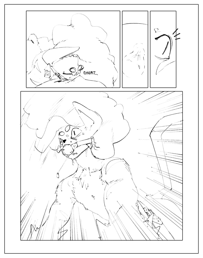 anthro ball_gag bodily_fluids cat_tail comic comic_panel ear_tag eli_(elicazz) elicazzz eyes_closed felid feline female gag gagged_drooling hi_res line_art mammal nonbinary_(lore) nude panicked_look poofy_hair raised_tail saliva sleeping snort solo tail waking waking_up wide_eyed