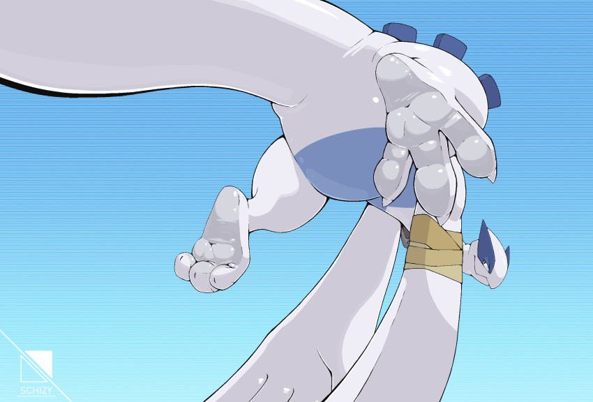 2021 3_toes alternate_version_at_source ambiguous_gender bandage blue_background dez_(rcar) feet feral flying foot_focus generation_2_pokemon gradient_background half-closed_eyes hi_res legendary_pokemon looking_at_viewer looking_back looking_back_at_viewer lugia narrowed_eyes nintendo pokemon pokemon_(species) schizy simple_background smile smiling_at_viewer smirk smirking_at_viewer solo toes white_body