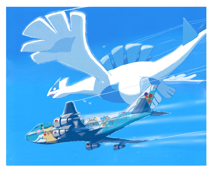 aircraft airplane black_eyes border character_print commentary_request day flying highres lugia no_humans open_mouth outdoors pikachu pokemon pokemon_(creature) totodile waniwani_(hyda7523) white_border