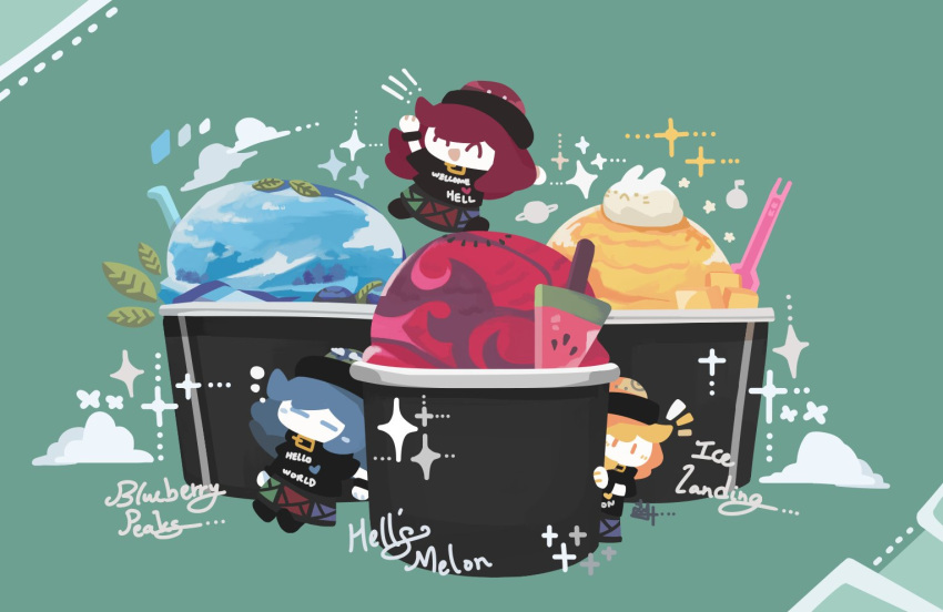 3girls :d black_shirt blonde_hair blue_hair chibi food full_body grey_background hecatia_lapislazuli hecatia_lapislazuli_(earth) hecatia_lapislazuli_(moon) ice_cream multiple_girls polos_crown popsicle red_hair shirt simple_background smile thatpebble touhou