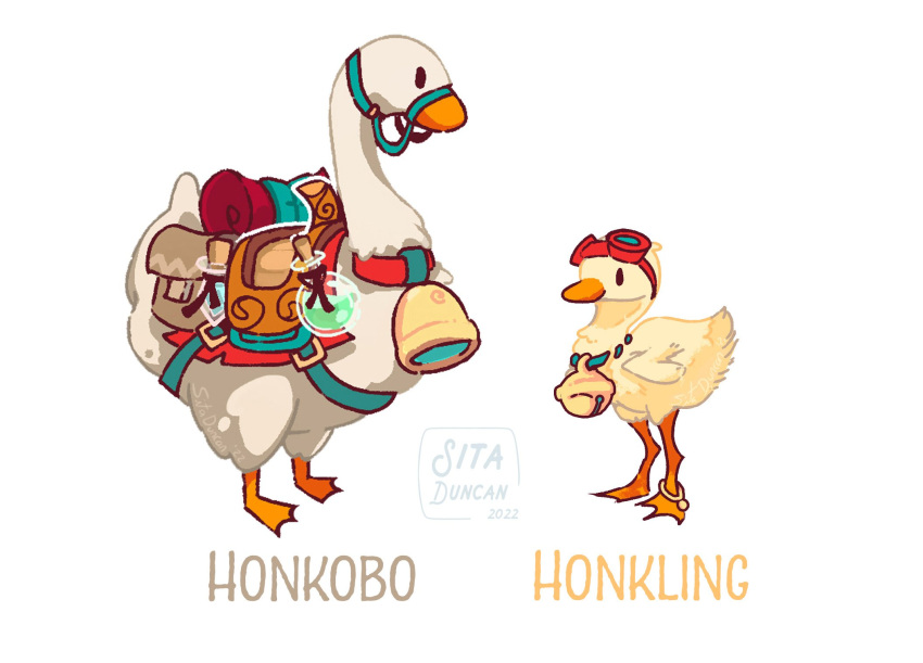 animal animal_collar anklet artist_name bell bird chocobo collar commentary duck duckling final_fantasy flask goggles goggles_on_head goose highres jewelry neck_bell no_humans original round-bottom_flask saddle saddlebags simple_background sitaart white_background