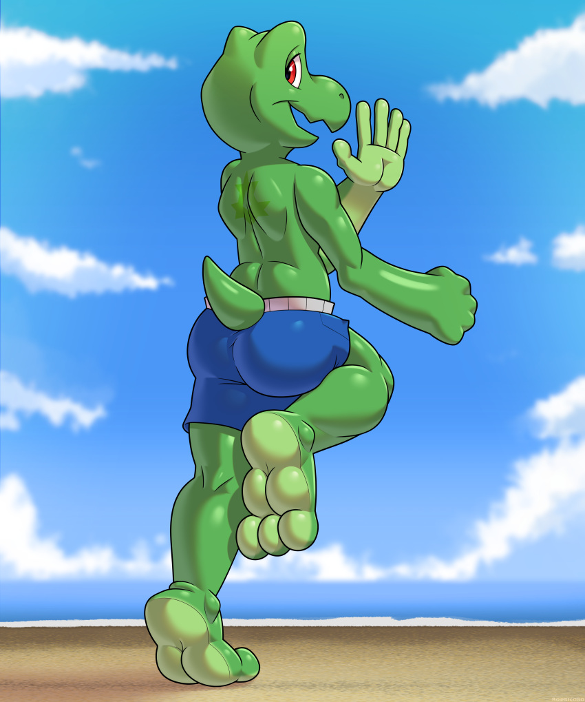 3_toes 5_fingers absurd_res anthro barefoot beach biped clothed clothing countershade_feet countershading feet fingers green_body green_scales hi_res ket_ralus_(character) looking_at_another looking_back male open_mouth partially_clothed red_eyes rodricoro scales seaside smile soles solo swimming_trunks swimwear tail toes tortavi