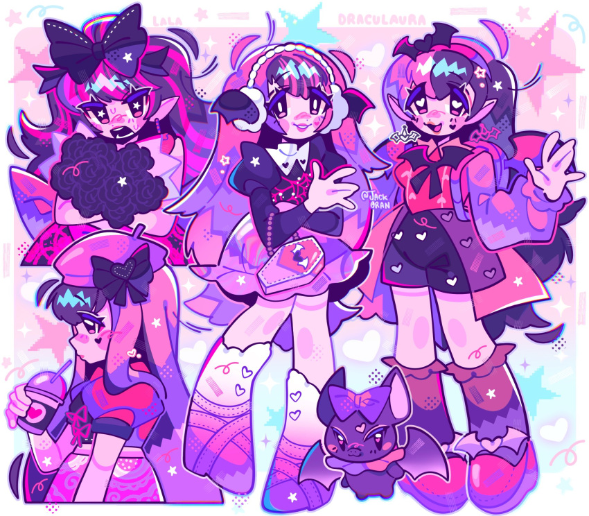 1girl alternate_costume alternate_hairstyle bat_(animal) beret black_bow black_hair bow colored_skin draculaura drink earrings eyeshadow hat heart highres holding holding_drink jack0ran jewelry long_hair long_sleeves looking_at_viewer makeup monster_high multicolored_hair multiple_views pink_hair pink_headwear shirt shorts skirt twintails vampire