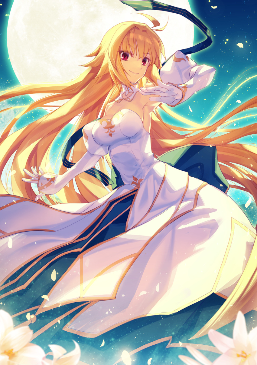 1girl absurdres aikura_chihiro archetype_earth arcueid_brunestud bare_shoulders blonde_hair blue_skirt blush breasts cleavage detached_collar detached_sleeves dress fate/grand_order fate_(series) full_moon gloves highres large_breasts layered_skirt long_hair long_skirt looking_at_viewer moon night night_sky red_eyes skirt sky smile solo tsukihime very_long_hair white_dress white_gloves