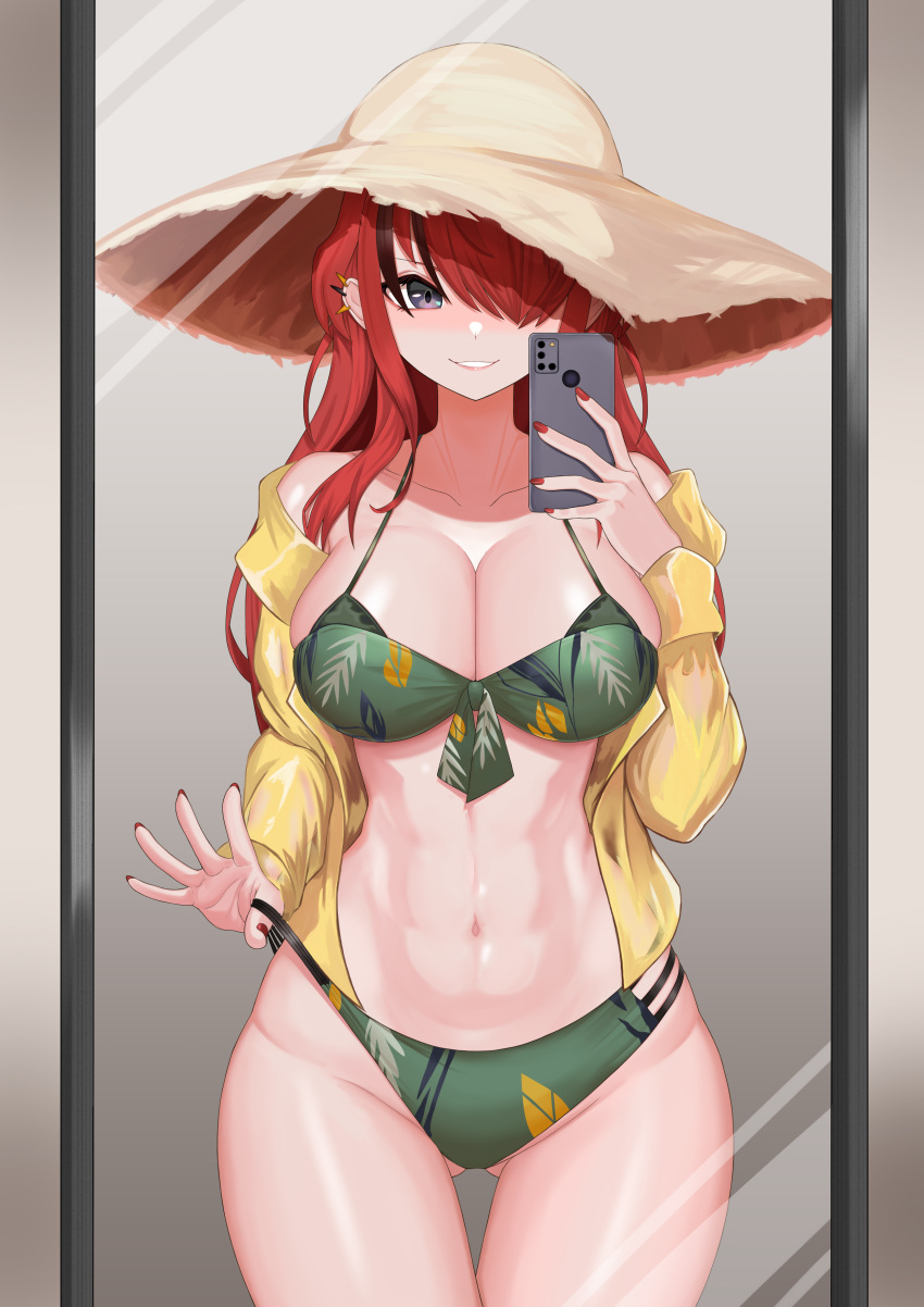 1girl abs absurdres bandeau bikini black_hair breasts cellphone cowboy_shot ear_piercing front-tie_bikini_top front-tie_top green_bikini grey_eyes hair_over_one_eye hat highres holding holding_phone jacket lain_paterson large_breasts layered_bikini lazycoffee_(wyen_iscordo) leaf_print long_hair long_sleeves looking_at_viewer mirror multi-strapped_bikini_bottom multicolored_hair navel nijisanji off_shoulder open_clothes open_jacket parted_lips phone piercing red_hair red_nails reflection selfie smartphone smile solo spiked_ear_piercing stomach strap_lift strapless straw_hat streaked_hair swimsuit taking_picture thigh_gap virtual_youtuber yellow_jacket