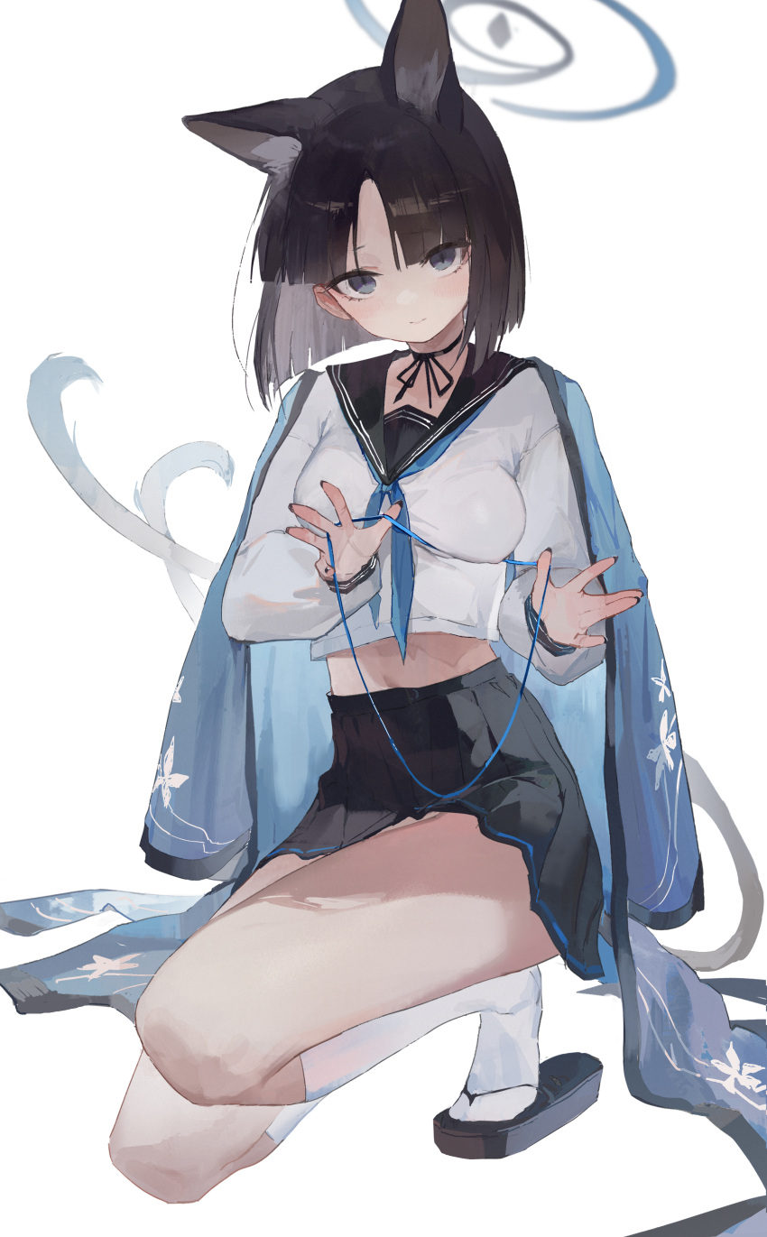 1girl absurdres animal_ears black_eyes black_hair black_sailor_collar black_skirt blue_archive blue_halo breasts cat's_cradle cat_ears cat_tail closed_mouth full_body halo haori highres japanese_clothes kikyou_(blue_archive) long_sleeves looking_at_viewer medium_breasts multiple_tails pleated_skirt sailor_collar short_hair simple_background skirt socks solo tail two_tails white_background white_socks zombie_ke zouri