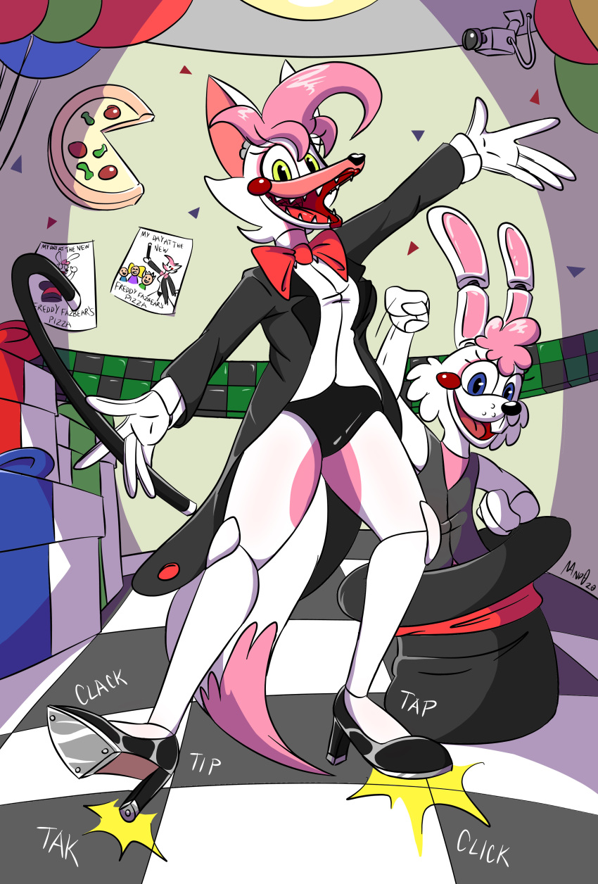 2020 absurd_res alternate_universe anthro balloon black_clothing black_coat black_footwear black_heels black_panties black_shoes black_tie_(suit) black_top_hat black_topwear black_underwear black_vest blush blush_stickers bonnie_(fnaf) bow_tie button_(fastener) canid canine checkered_floor cheek_tuft clothing coat contact_onomatopoeia crossgender dance_shoes dancewear dancing dipstick_tail drawings duo eye_markings eyelashes eyes_closed facial_markings facial_tuft fan_character female fingers five_nights_at_freddy's five_nights_at_freddy's_2 food footwear fox fur gift glistening glistening_clothing glistening_footwear glistening_hair glistening_high_heels gloves hair handwear hat head_markings headgear headwear hi_res high_heels holding_cane holding_object impact_onomatopoeia inflatable lagomorph leg_markings leporid lips lipstick looking_at_viewer machine makeup male mammal mangle_(fnaf) markings motion_lines mtf_crossgender multicolored_body multicolored_fur muzzle_(marking) on_heel onomatopoeia open_mouth open_smile panties pink_body pink_eyelids pink_fur pink_hair pink_markings pink_tail_tip pizza purple_eyes rabbit red_bow_tie red_lips red_lipstick red_neckwear redraw robot scottgames security_camera sega-htf shirt shirt_cuffs shoes smile smiling_at_viewer snout snout_markings solo_focus sound_effects spotlight suit tail tail_markings tailcoat tap_dancing tap_shoes text thigh_markings top_hat topwear tuft two_tone_body two_tone_fur two_tone_tail underwear vest white_body white_clothing white_fur white_gloves white_handwear white_shirt white_shirt_cuffs white_topwear