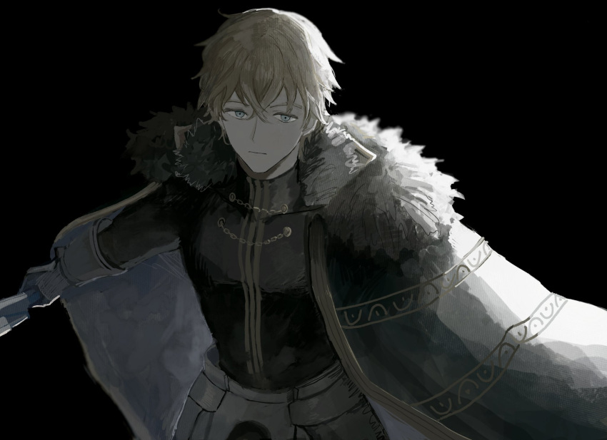 1boy 31tamagokake580 armor black_background black_shirt blonde_hair blue_eyes cape closed_mouth crossed_bangs expressionless fate/grand_order fate_(series) faulds fur-trimmed_cape fur_trim gauntlets gawain_(fate) green_cape hair_between_eyes highres holding holding_sword holding_weapon long_sleeves looking_at_viewer male_focus muted_color outstretched_arm shirt short_hair simple_background solo sword turtleneck upper_body weapon