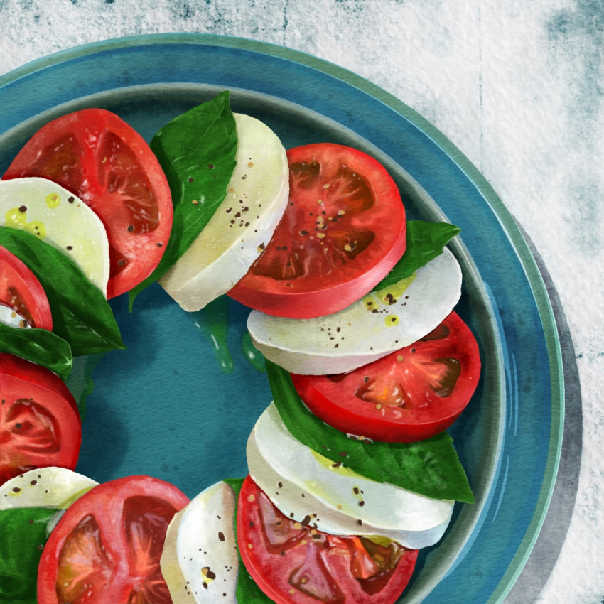 basil_leaf caprese_salad cheese food food_focus leaf no_humans original plate pnt_s salad shadow still_life tomato tomato_slice