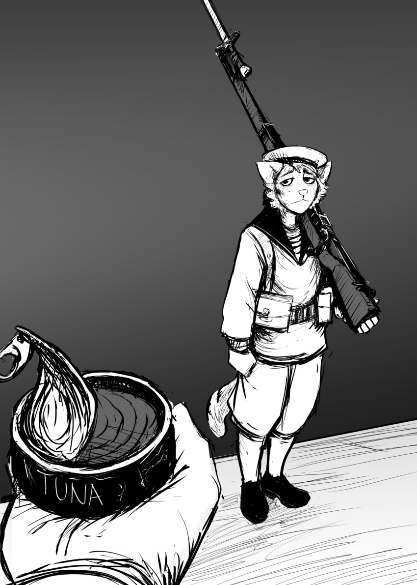 2023 anthro bayonet black_and_white digital_media_(artwork) domestic_cat felid feline felis food gradient_background gun hi_res hladilnik holding_gun holding_object holding_rifle holding_weapon knife male mammal monochrome navy_uniform offering_food ranged_weapon rifle sailor sailor_uniform ship's_catboy_(hladilnik) simple_background sketch standing tuna_(food) tuna_can weapon