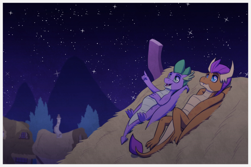 blue_eyes building chimney dragon friendship_is_magic hasbro hi_res house inuhoshi-to-darkpen lying membrane_(anatomy) membranous_wings my_little_pony night on_back orange_body orange_scales purple_body purple_scales scales smolder_(mlp) spike_(mlp) star stargazing thatched_roof wings