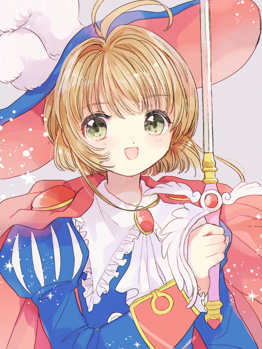 1girl :d ahoge ascot blue_headwear blue_shirt blush brooch brown_hair cape cardcaptor_sakura frills gem green_eyes grey_background happy hat highres holding holding_sword holding_weapon jewelry juliet_sleeves kinomoto_sakura long_sleeves looking_at_viewer magical_girl medium_hair open_mouth pink_cape prince puff_and_slash_sleeves puffy_sleeves rapier red_cape shirt simple_background smile solo sparkle sunflower-m sword upper_body weapon white_ascot