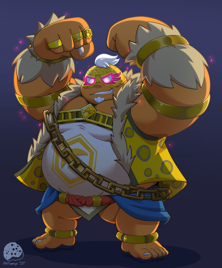 2023 belly big_belly brown_body clothed clothing goron hi_res humanoid_hands male mask nintendo overweight overweight_male simple_background solo the_legend_of_zelda uwsponge yunobo