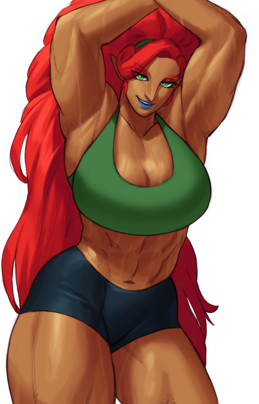 1girl absurdres alternate_costume arms_up black_shorts blue_lips breasts cleavage dark-skinned_female dark_skin gerudo green_eyes green_sports_bra highres huge_breasts long_hair looking_at_viewer muscular muscular_female navel red_hair short_shorts shorts simple_background solo sotcho sports_bra sportswear the_legend_of_zelda the_legend_of_zelda:_breath_of_the_wild urbosa white_background