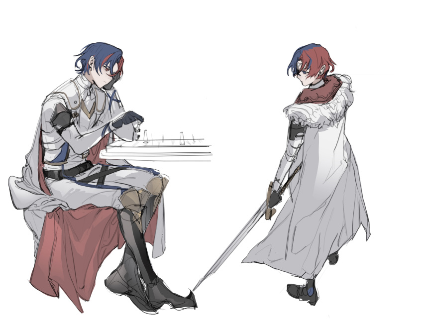 1boy absurdres alear_(fire_emblem) alear_(male)_(fire_emblem) belt board_game boots cape chess fire_emblem fire_emblem_engage full_body gloves highres holding holding_sword holding_weapon long_sleeves multicolored_hair short_hair sitting solo standing sword tlziyou weapon white_cape