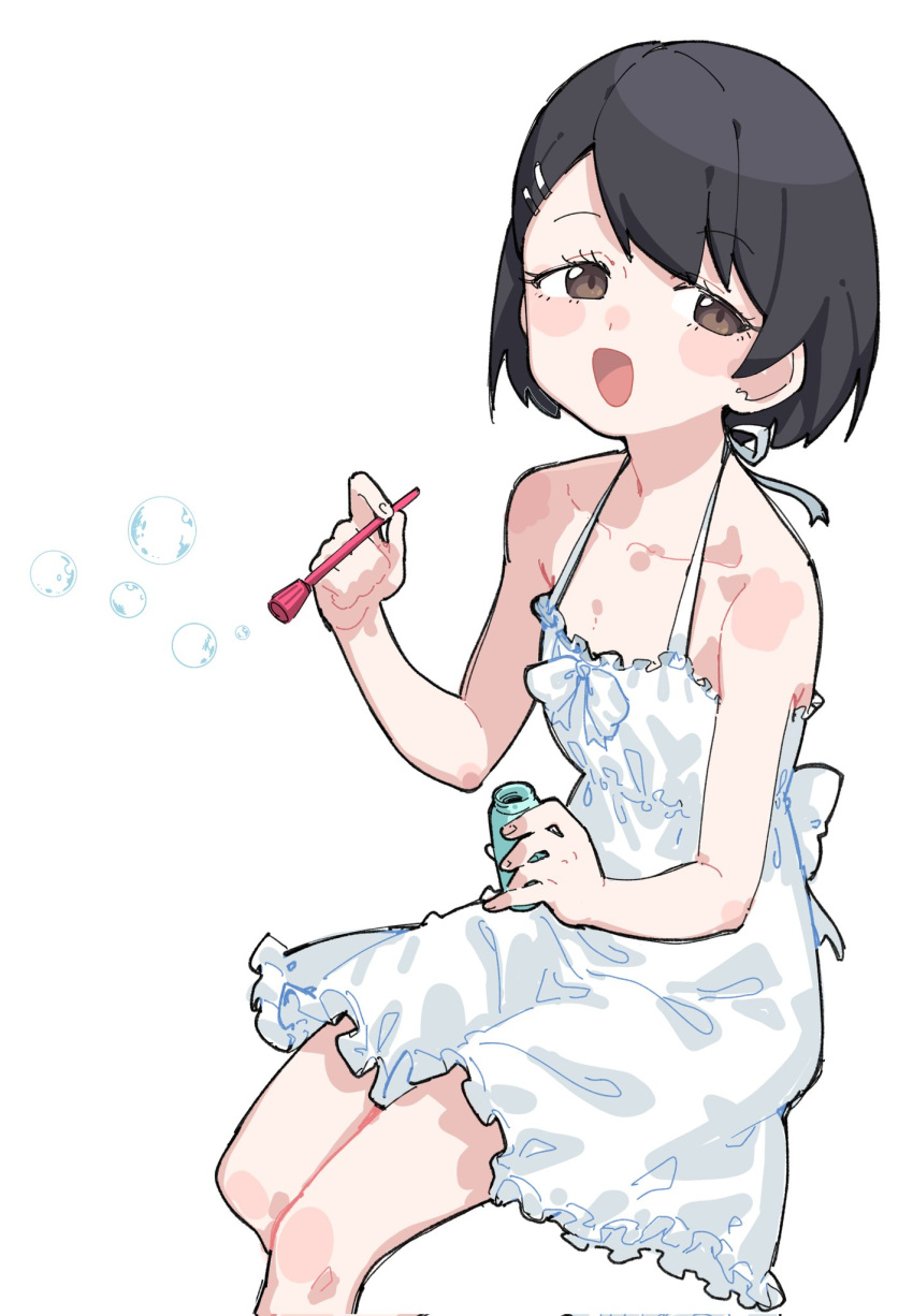1girl black_hair blush breasts bubble bubble_pipe dress feet_out_of_frame fugota6509 highres idolmaster idolmaster_cinderella_girls invisible_chair looking_at_viewer sasaki_chie short_hair simple_background sitting sleeveless sleeveless_dress small_breasts smile solo sundress white_background white_dress