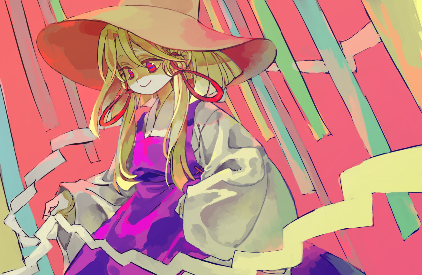 1girl blonde_hair brown_headwear closed_mouth commentary dress hair_between_eyes hair_ribbon hat highres horizontal_pupils japanese_clothes kimono long_hair long_sleeves looking_down moriya_suwako nunrb pink_eyes purple_dress red_ribbon ribbon sidelocks smile solo touhou tress_ribbon upper_body white_kimono wide_sleeves