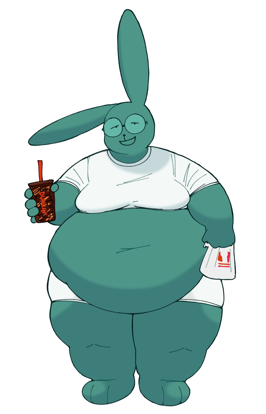 3_toes 5_fingers absurd_res anthro bag belly belly_overhang big_belly bottomwear calebcorduroy clothed clothing deep_navel dot_eyes dunkin'_donuts eyewear feet fingers glasses green_body half-closed_eyes hi_res huge_thighs iced_coffee lagomorph leporid male mammal moobs narrowed_eyes navel obese obese_anthro open_mouth open_smile overweight overweight_anthro rabbit raised_clothing raised_shirt raised_topwear relaxed_expression round_glasses shirt shorts simon_(calebcorduroy) smile solo thick_arms thick_calves thick_thighs toes topwear