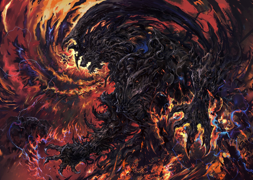 1boy aura carpet_crawler claws fangs final_fantasy final_fantasy_xvi fire flaming_hand from_side glowing glowing_eyes highres horns ifrit_(final_fantasy) monster open_mouth solo upper_body