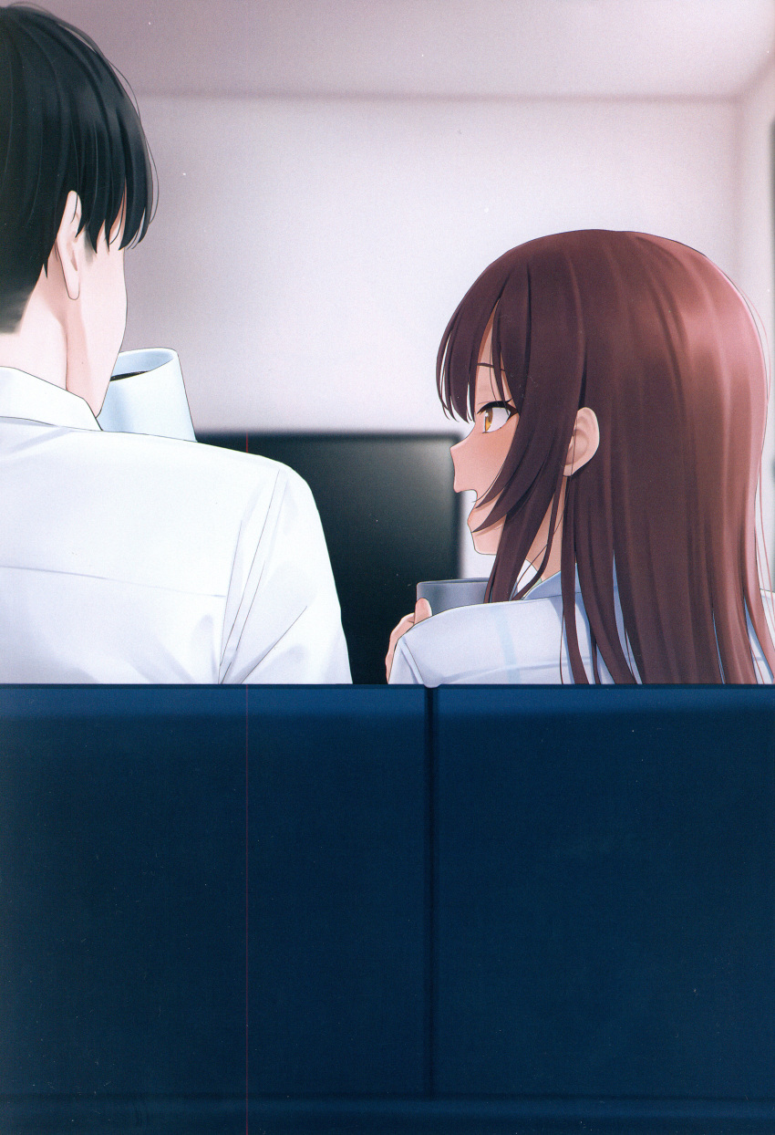 1boy 1girl absurdres blush coffee_mug couch couple cup from_behind highres holding holding_cup idolmaster idolmaster_shiny_colors indoors long_hair looking_at_another mikazuchi_zeus mug non-web_source on_couch open_mouth osaki_amana producer_(idolmaster) red_hair scan school_uniform shirt sitting smile straight_hair swept_bangs white_shirt yellow_eyes