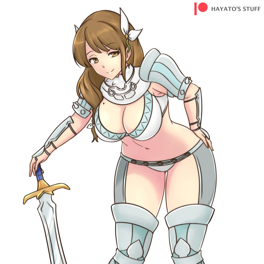 1girl alternate_costume armor bikini_armor braid braided_ponytail breasts brown_hair charlotte_(fire_emblem) charlotte_(fire_emblem)_(cosplay) cleavage cosplay cowboy_shot fire_emblem fire_emblem_engage fire_emblem_fates goldmary_(fire_emblem) hair_ornament hair_ribbon hand_on_own_hip hayato_stuff highres hip_armor large_breasts leaning_forward long_hair looking_at_viewer low_ponytail mole mole_on_breast navel panties patreon_logo patreon_username pauldrons planted planted_sword ribbon shoulder_armor smile solo standing sword underwear weapon white_background white_panties white_ribbon yellow_eyes