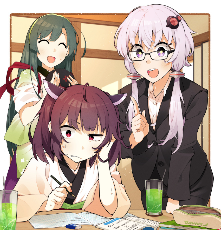 +_+ 3girls ^_^ absurdres ahoge alternate_costume arm_support black_suit blade blush border brown_hair closed_eyes collared_shirt commentary_request commission confused drink drinking_straw formal glasses green_hair grimace hair_ornament hairband hand_on_own_head headgear highres holding holding_pencil holding_tray homework index_finger_raised indoors japanese_clothes kimono konori_(ahurerukuiizi) leaning_forward leaning_on_table light_purple_hair long_hair looking_at_another multiple_girls nervous nervous_smile notebook open_mouth outside_border pencil pencil_case popped_collar purple_eyes raised_eyebrow red_eyes shirt short_hair short_hair_with_long_locks skeb_commission smile suit sweat sweatdrop table tasuki textbook touhoku_kiritan touhoku_zunko tray tutor twintails uneven_eyes v-shaped_eyebrows vocaloid voiceroid white_border white_kimono white_shirt wide_sleeves yellow_hairband yuzuki_yukari