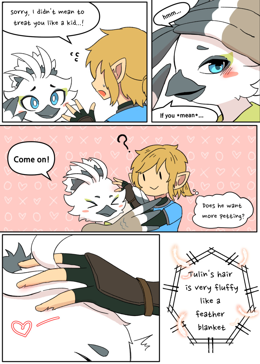 &lt;3 anthro avian blonde_hair blush clothed clothing comic demanding duo english_text fchicken feather_hands feathers hair hi_res humanoid humanoid_pointy_ears hylian link nintendo petting_head rito shy smile speech_bubble tears_of_the_kingdom text the_legend_of_zelda tulin_(tloz) white_body