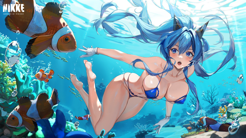 1girl absurdres air_bubble bare_shoulders barefoot bikini blue_bikini blue_eyes blue_hair breasts bubble clownfish copyright_name covered_nipples day feet fish gloves goddess_of_victory:_nikke helm_(aqua_marine)_(nikke) helm_(nikke) high_ponytail highres long_hair looking_to_the_side micro_bikini navel official_art open_mouth pinkmill skindentation soles swimsuit teeth thighs underwater upper_teeth_only water white_gloves