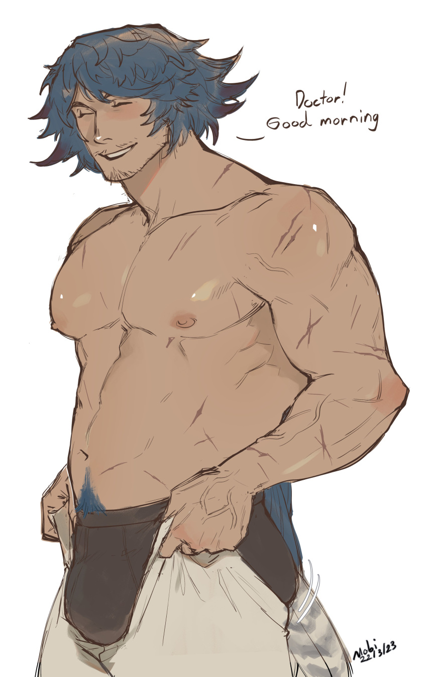 1boy ^_^ abs absurdres alternate_pectoral_size arknights ass ass_lift bara black_male_underwear blue_hair bulge bulge_lift closed_eyes cross_scar dark-skinned_male dark_skin dressing facial_hair facing_viewer feet_out_of_frame from_side highres i've_never_seen_a_guy_recreate_this_successfully_tbh_(meme) large_pectorals male_focus male_underwear mature_male meme mobrinono motion_lines mr._nothing_(arknights) muscular muscular_male navel_hair nipples open_pants pants pants_lift parted_bangs pectorals scar scar_on_arm scar_on_chest scar_on_neck scar_on_stomach short_hair smile solo stomach stubble topless_male undersized_clothes underwear veins veiny_arms