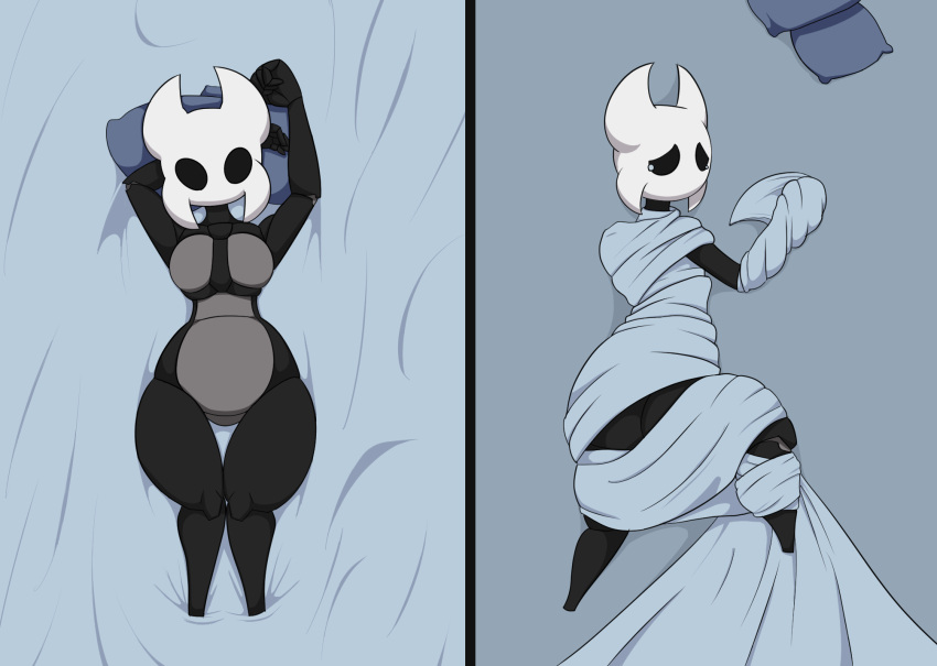 anthro arthropod bed big_breasts black_eyes blue_background bodily_fluids breasts dakimakura_design empty_eyes featureless_feet female furniture hand_behind_head hi_res hollow_knight insect king_of_sorrow_(artist) looking_at_viewer looking_back looking_back_at_viewer lying mouthless on_back on_bed on_front pillow simple_background solo team_cherry tears thick_thighs vessel_(species) white_body wide_hips