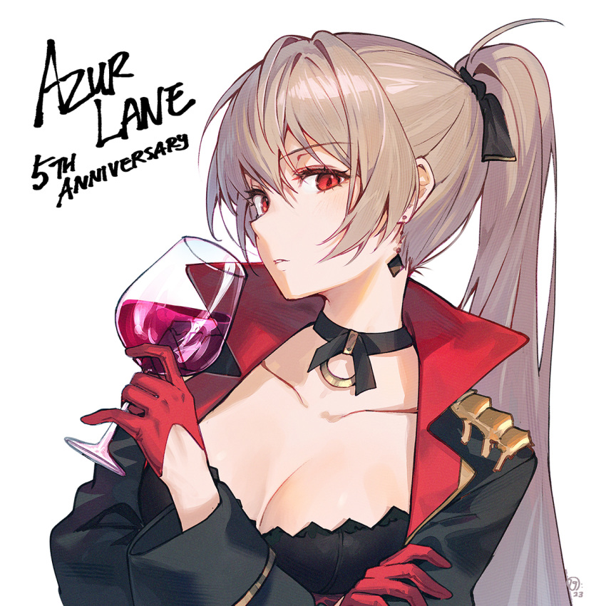 1girl azur_lane black_choker black_jacket breasts brown_hair choker cleavage collarbone crossed_arms cup drinking_glass earrings gloves hair_ribbon high_collar highres holding holding_cup jacket jean_bart_(azur_lane) jewelry long_hair long_sleeves looking_at_viewer medium_breasts nagu open_clothes open_jacket ponytail red_eyes red_gloves ribbon simple_background solo upper_body white_background wine_glass