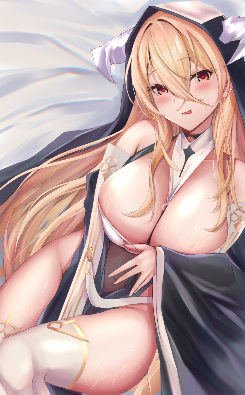 1girl absurdres azur_lane bare_shoulders blonde_hair breast_cutout breasts cleavage fake_horns habit hair_between_eyes highres horns implacable_(azur_lane) large_breasts long_bangs long_hair looking_at_viewer nun pelvic_curtain red_eyes revealing_clothes see-through solo spekkio36 thighhighs two-tone_dress veil very_long_hair white_horns white_thighhighs