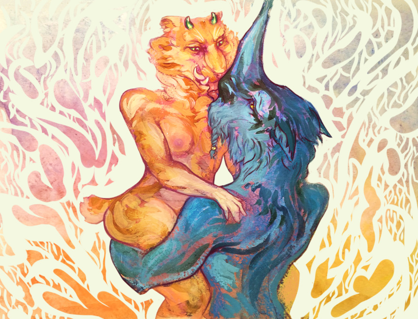 2023 anthro beard blue_body blue_fur blue_hair braided_beard braided_hair breasts carrying carrying_another duo embrace eugeneberserg facial_hair fangs felid female front_view fur hair horn hug looking_at_another male mammal nipples nude orange_body orange_fur pantherine plaster rear_view rhinoceros snout tail teeth tiger traditional_media_(artwork)