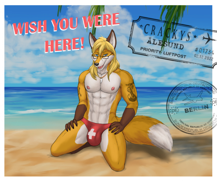 anthro areola beach biped blonde_hair blue_eyes bulge canid canine clothing countershade_face countershade_torso countershading cracky dipstick_tail english_text eyebrows eyewear fingers fox glasses hair hi_res jcfox male mammal markings nipples open_mouth open_smile seaside smile solo speedo swimwear tail tail_markings text