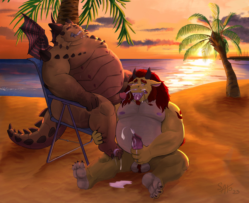 2023 absurd_res activision anthro balls beach belly big_belly bodily_fluids cloud cum detailed_background dragon duo ejaculation genital_fluids genitals hi_res male male/male masturbation moobs nipples outside overweight overweight_male palm_tree penis plant sato_afroleone seaside sitting spyro_reignited_trilogy spyro_the_dragon sun tree wings
