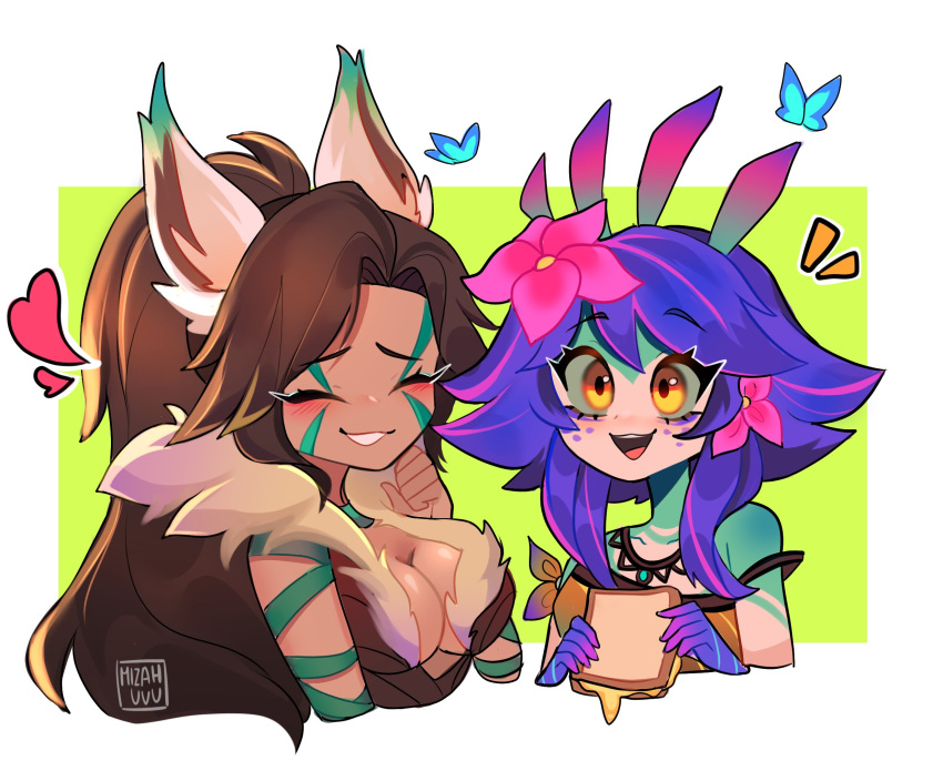 ! !! 2girls :d blush breasts brown_eyes brown_hair cheese cleavage collarbone colored_skin cropped_torso flower food green_skin grin hair_between_eyes hair_flower hair_ornament heart highres holding holding_food league_of_legends long_hair mizah_(mizah) multiple_girls neeko_(league_of_legends) nidalee pink_flower purple_skin small_breasts smile teeth toast upper_body upper_teeth_only white_background yellow_background