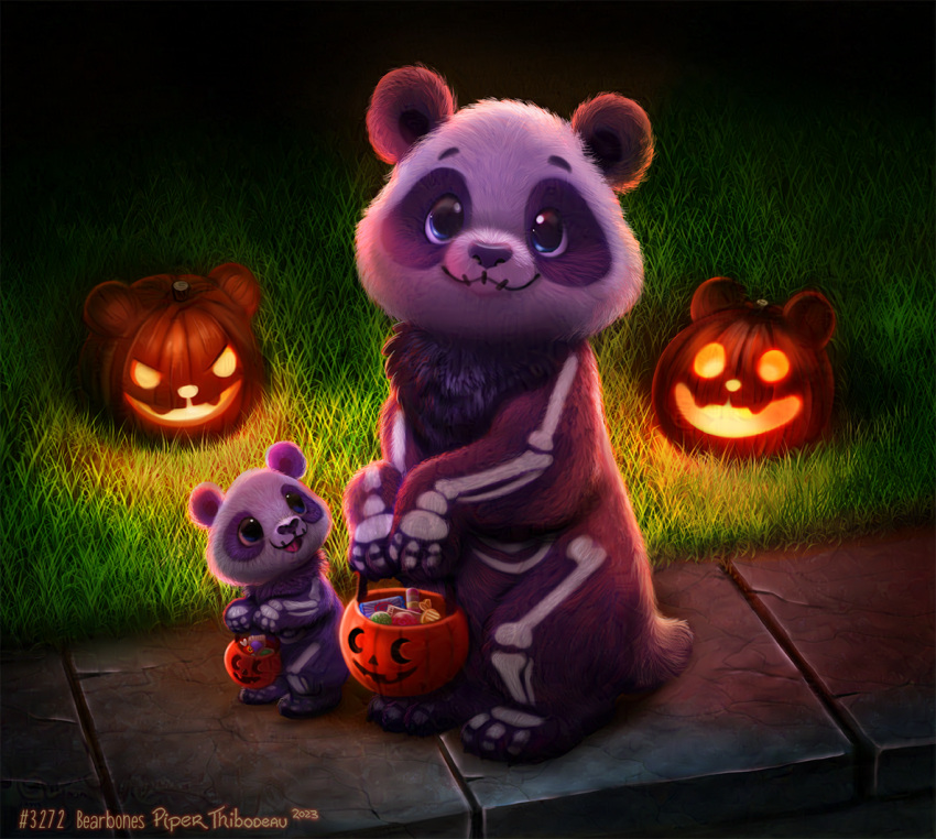 2023 age_difference ambiguous_gender anthro bear black_body black_fur blue_eyes candy cryptid-creations dessert duo food fur giant_panda glowing grass halloween holidays jack-o'-lantern looking_at_viewer mammal neckfluff night nude open_mouth plant purple_body purple_fur semi-anthro sidewalk size_difference skeleton_bodypaint white_body white_fur young