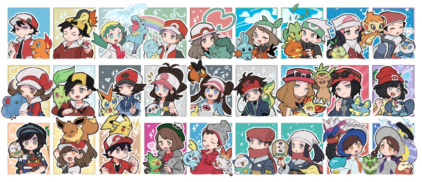 6+boys 6+girls akari_(pokemon) backwards_hat bandana beanie black_hair blue_jacket border bow brendan_(pokemon) brown_hair bulbasaur buttons calem_(pokemon) cardigan charmander chase_(pokemon) chespin chikorita chimchar coat collared_shirt cyndaquil dawn_(pokemon) eevee elaine_(pokemon) elio_(pokemon) eneko_(olavcnkrpucl16a) ethan_(pokemon) everyone eyewear_on_headwear fennekin florian_(pokemon) froakie fuecoco gloria_(pokemon) gloves green_bandana green_hair green_headwear grey_cardigan grookey hair_ornament hairclip hand_up hat hat_bow head_scarf highres hilbert_(pokemon) hilda_(pokemon) holding holding_pokemon jacket juliana_(pokemon) koraidon kris_(pokemon) leaf leaf_(pokemon) litten long_hair long_sleeves lucas_(pokemon) lyra_(pokemon) marill may_(pokemon) miraidon mudkip multiple_boys multiple_girls nate_(pokemon) necktie notice_lines on_head open_clothes open_jacket open_mouth orange_necktie oshawott pikachu pink_headwear piplup pokemon pokemon_(creature) pokemon_(game) pokemon_bw pokemon_bw2 pokemon_dppt pokemon_emerald pokemon_frlg pokemon_gsc pokemon_hgss pokemon_legends:_arceus pokemon_lgpe pokemon_on_head pokemon_platinum pokemon_rgby pokemon_rse pokemon_sm pokemon_sv pokemon_swsh pokemon_xy popplio quaxly raglan_sleeves red_(pokemon) red_bow red_headwear red_jacket red_scarf red_shirt rei_(pokemon) rosa_(pokemon) rowlet scarf scorbunny selene_(pokemon) serena_(pokemon) shirt short_hair smile snivy sobble sprigatito squirtle sunglasses tam_o'_shanter tepig torchic totodile treecko turtwig twintails v victini victor_(pokemon) visor_cap white_headwear yellow_headwear yellow_shirt