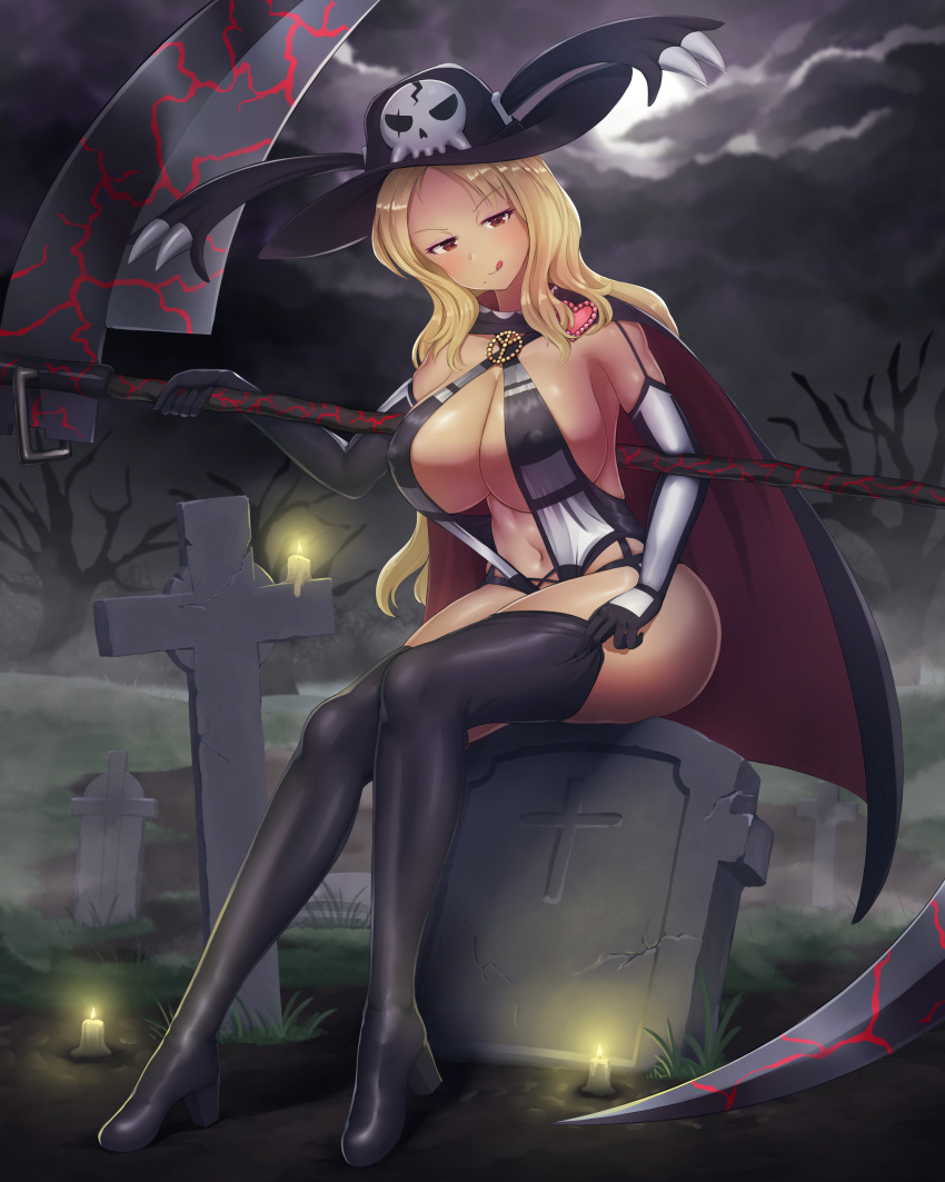 1girl :q absurdres adjusting_clothes adjusting_legwear bare_tree black_footwear black_thighhighs blonde_hair blush boots breasts candle cape cleavage cloud cloudy_sky covered_nipples cross elbow_gloves fire flame fog full_body full_moon garter_straps gloves grass grave graveyard hat hat_ornament heart high_heel_boots high_heels highres holding holding_scythe holding_weapon huge_weapon large_breasts leotard long_hair looking_at_viewer mole mole_under_mouth moon navel night night_sky outdoors parted_bangs peace_symbol red_eyes revealing_clothes scythe senran_kagura senran_kagura_shinovi_versus shiki_(senran_kagura) skindentation skull sky smile solo thigh_boots thighhighs tombstone tongue tongue_out tree two-tone_cape warmcummies weapon
