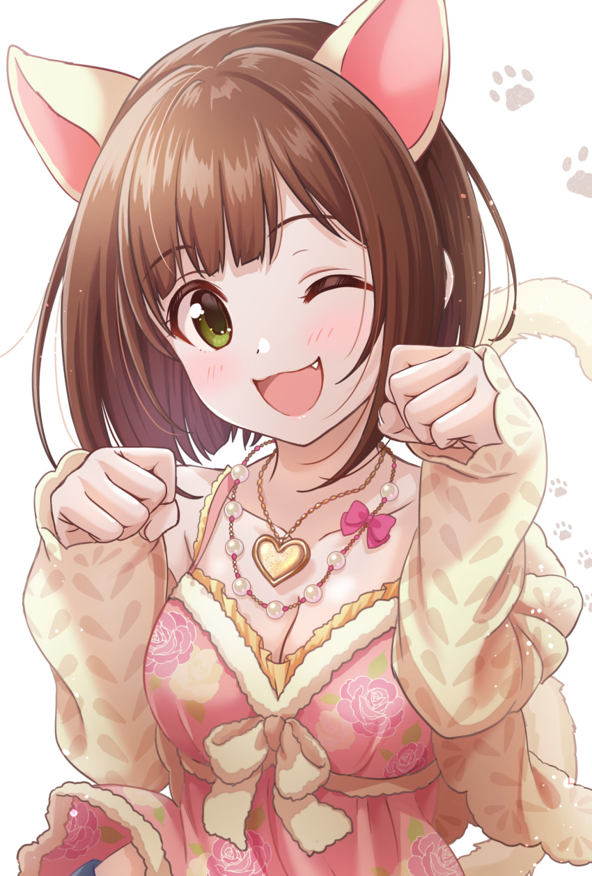 1girl ;d animal_ears animal_hands bare_shoulders blush breasts brown_hair cat_ears cat_paws cat_tail cleavage collarbone detached_sleeves dress fake_animal_ears fake_tail fang floral_print footprints frilled_dress frills green_eyes hands_up heart heart_necklace highres idolmaster idolmaster_cinderella_girls idolmaster_cinderella_girls_starlight_stage jewelry long_sleeves looking_at_viewer maekawa_miku medium_breasts multiple_necklaces necklace necocafe_lili one_eye_closed open_mouth pearl_necklace pink_dress print_dress print_sleeves short_hair simple_background sleeveless sleeveless_dress smile solo tail white_background yellow_sleeves